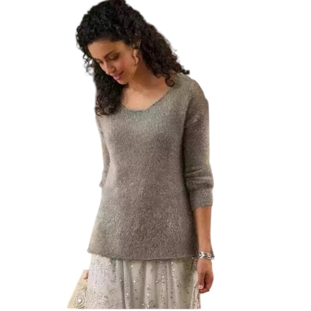 Soft Surroundings taupe fuzzy scoop neck long sleeve eyelash metallic sweater